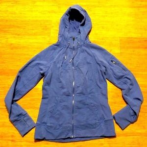 Athleta long full zip blue jacket w/hood. Small.